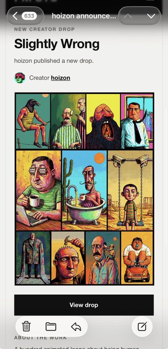 An email notification titled "NEW CREATOR DROP" announces "Slightly Wrong" by creator "hoizon", featuring a 3x3 grid of stylized, surreal illustrated portraits.