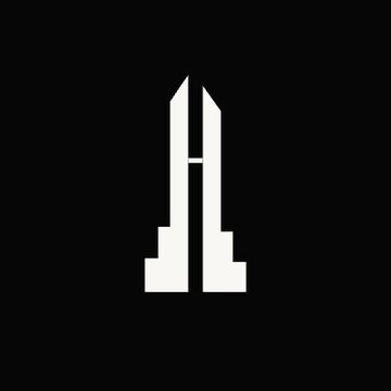A minimalist white geometric logo resembling a stylized tower or rocket on a black background.