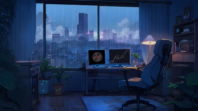 A dimly lit, rain-soaked cityscape view through a window frames a trading setup with dual monitors displaying BTC and ETH price charts, setting a moody, late-night atmosphere perfect for the announced 7pm livestream covering market reviews, trade plans, and supply and demand zone strategies.