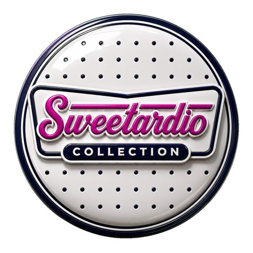 A circular metallic badge/button with a perforated background and a central label reading 'Sweetardio COLLECTION' in pink and navy script.