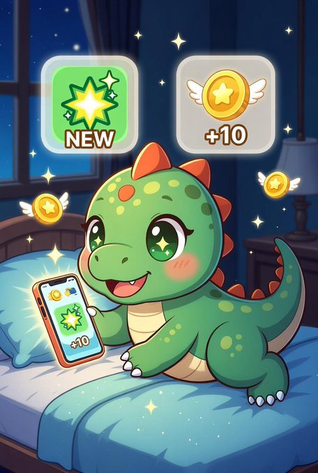 An adorable green dinosaur character holds a smartphone displaying a "+10" reward while standing on a bed, with two app icons floating above reading "NEW" and "+10" against a starry night background, visually promoting the Sleepagotchi app and its weekend reward system mentioned in the post.