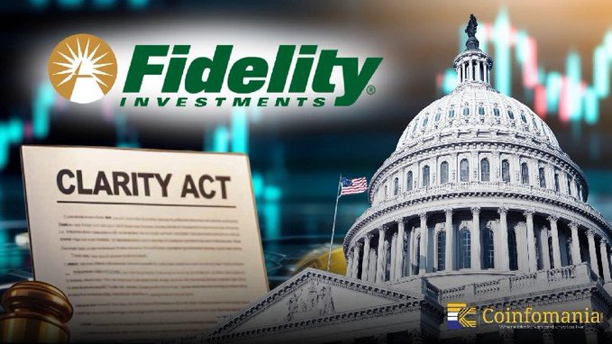The image features the Fidelity Investments logo alongside a document labeled "CLARITY ACT," set against a backdrop of the U.S. Capitol building and candlestick charts. This visual supports the post's message that Fidelity, a $7 trillion asset manager, is pressuring the Senate to pass the Clarity Act to establish clearer regulations for entering the crypto ecosystem.