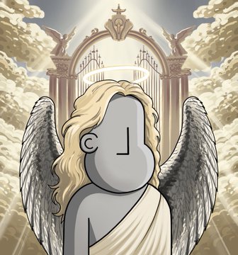 The image features a cartoon character with long blonde hair wearing an angelic robe or garb. The character has wings that are not perfectly symmetrical, adding a unique touch to their appearance. The background of the image depicts a scene from a church, with a large archway and a halo above it. The character is standing in front of this archway, giving the impression that they are entering or exiting the church.