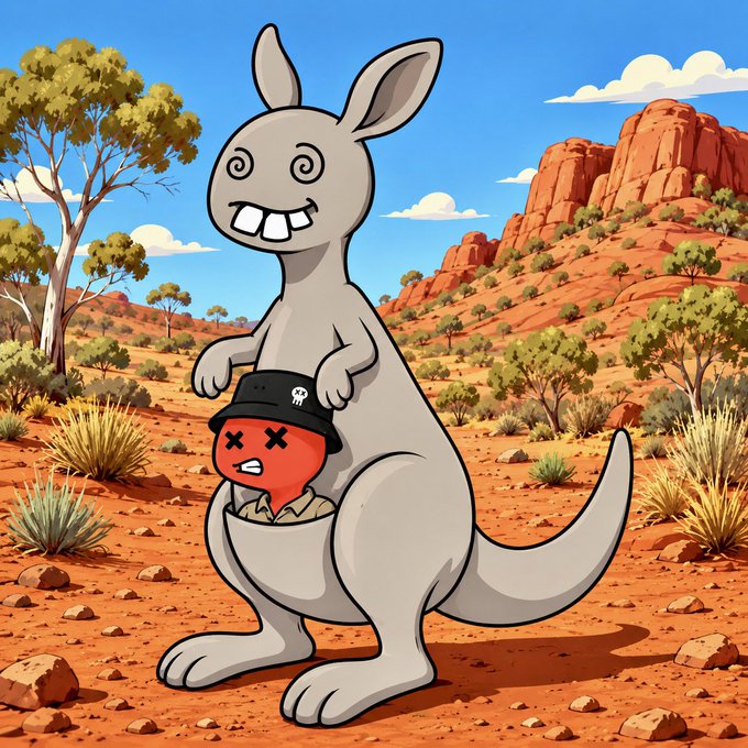 A cartoonish illustration of a grinning grey kangaroo with a small red character wearing a skull hat in its pouch, standing in an Australian outback landscape.