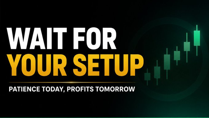 A motivational trading graphic reading 'WAIT FOR YOUR SETUP - PATIENCE TODAY, PROFITS TOMORROW' with a green candlestick chart illustration.