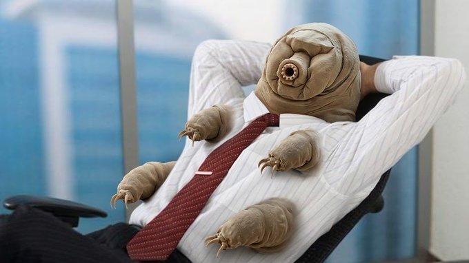 A surreal composite image of a man in a white shirt and red tie leaning back in an office chair, with his head and other body parts replaced by large, grub-like creatures.