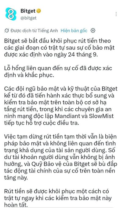 Vietnamese-language tweet from Bitget (@bitget) announcing the staged resumption of withdrawals following a security incident identified on September 24th, with support from Mandiant and SlowMist.