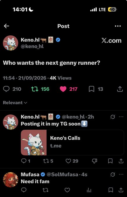 A X.com (Twitter) post by 'Keno.hl @keno_hl' from 21/09/2026 asking 'Who wants the next genny runner?' with 4K views, 210 replies, and a reply mentioning 'Keno's Calls' on Telegram.