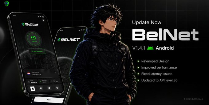 An advertisement for BelNet V1.4.1 Android update featuring an anime-style character in a black jacket, listing features like 'Revamped Design' and 'Improved performance'.