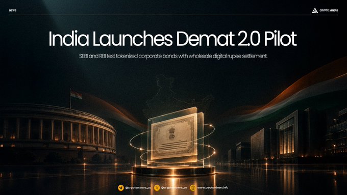 A news graphic with the headline 'India Launches Demat 2.0 Pilot' and subtext 'SEBI and RBI test tokenized corporate bonds with wholesale digital rupee settlement,' featuring the Indian Parliament building and a holographic certificate.