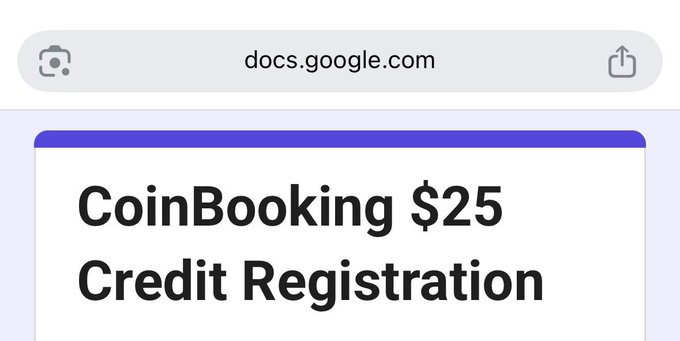 A browser screenshot showing the URL docs.google.com with a document titled 'CoinBooking $25 Credit Registration'.