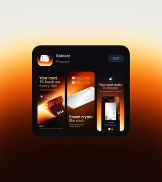 A mobile app store listing for 'Solcard' (Finance), featuring preview screens with the text 'Your card it's back on every tap', 'Solcard', and 'Spend crypto like cash' against an orange background.