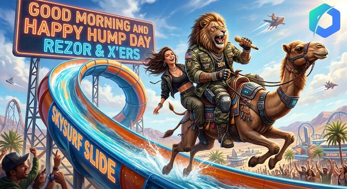 A vibrant, surreal digital artwork showing a lion in military gear and a woman riding a camel down a blue water slide, beneath a sign reading 'GOOD MORNING AND HAPPY HUMP DAY REZOR & X'ERS' and 'SKYSURF SLIDE'.