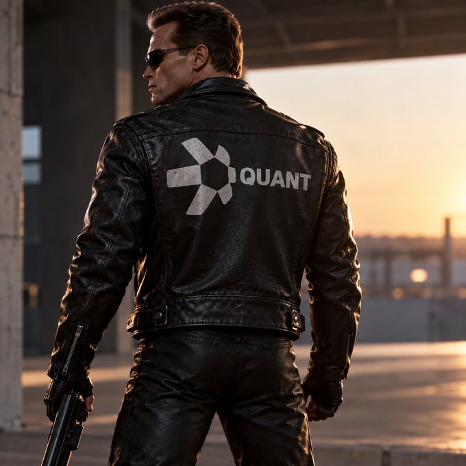 Digital artwork showing a man from behind in a black leather jacket with a large 'QUANT' logo on the back, holding a handgun, looking over his shoulder in a gritty, sunlit industrial setting.