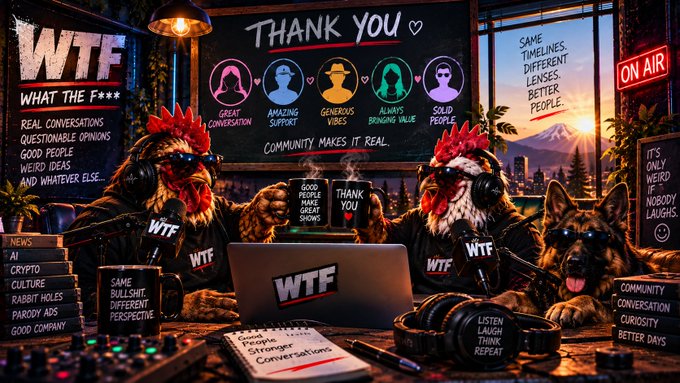 An AI-generated image of a podcast/radio show scene featuring chickens wearing sunglasses and "WTF" shirts as hosts with a German Shepherd dog, in a studio filled with text like "WTF WHAT THE F***" and "COMMUNITY MAKES IT REAL."