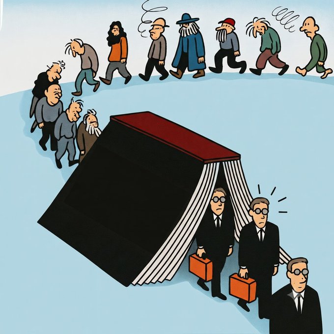 A cartoon illustration showing a diverse line of people walking single-file down a slope into a large dark tunnel, while three men in business suits with briefcases exit the tunnel on the other side.