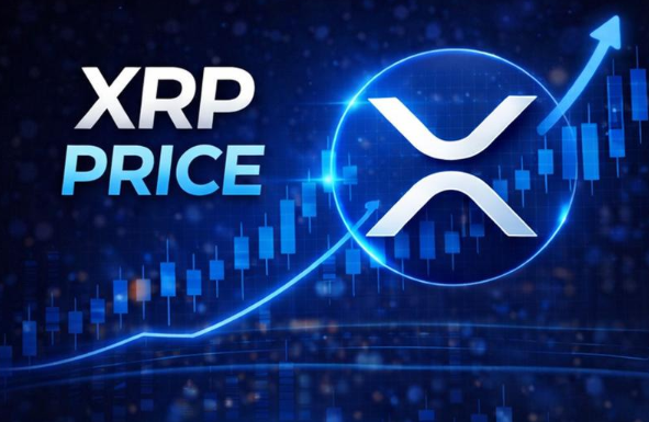 A vibrant graphic showcases the text "XRP PRICE" alongside the XRP logo, set against a backdrop of rising candlestick charts and an upward-trending arrow, visually reinforcing the optimistic post about the CLARITY Act and a potential $3 XRP price target.