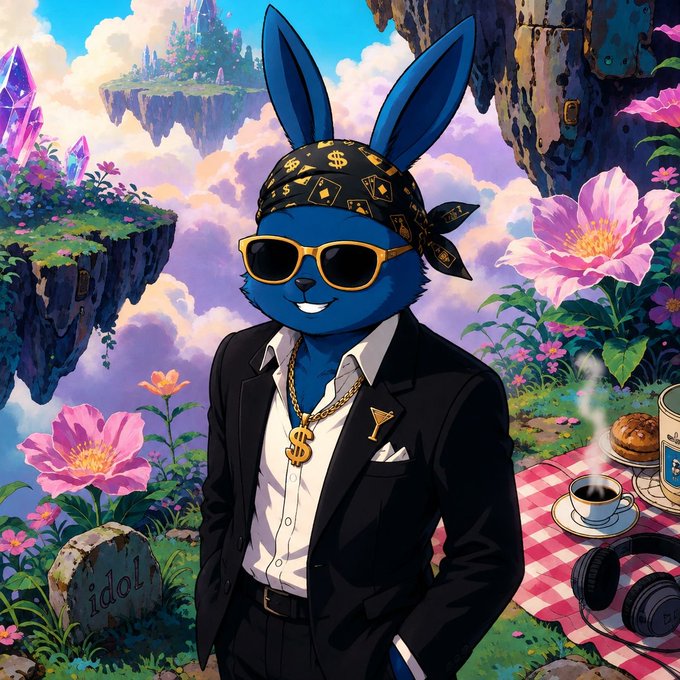 Anime-style illustration of a blue rabbit character wearing a bandana, gold sunglasses, a black suit with a dollar sign gold chain, standing in a vibrant fantasy landscape with floating islands and a picnic setup.