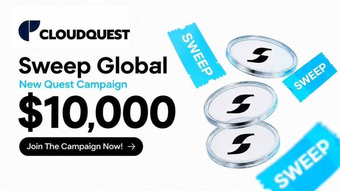 A promotional banner for 'CLOUDQUEST' announces a 'Sweep Global' campaign with a $10,000 prize pool, featuring the brand logo, three coin tokens with 'SWEEP' labels, and a 'Join The Campaign Now!' call-to-action button.
