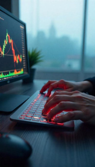 Close-up of hands typing on a laptop keyboard with red backlighting, with a monitor displaying a green and red candlestick stock chart in the background. A window reveals a hazy cityscape behind the desk.