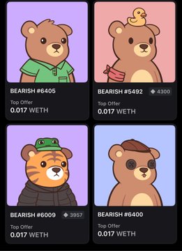 A grid displaying four cartoon bear NFTs labeled BEARISH #6405, #6492, #6009, and #6400, each listed with a 'Top Offer' of 0.017 WETH.