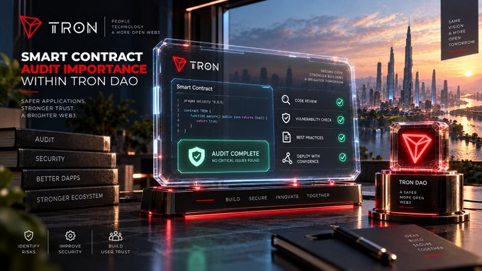 A promotional graphic for 'TRON' showing a futuristic digital interface with 'Smart Contract Audit Importance Within Tron DAO' and 'Audit Complete' displayed on screens.