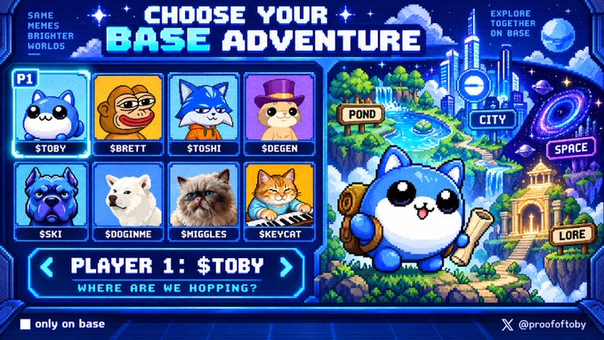 A 'Choose Your Base Adventure' video game-style graphic featuring cryptocurrency meme characters ($TOBY, $BRETT, $TOSHI, $DEGEN, $SKI, $DOGINME, $MIGGLES, $KEYCAT) with 'Player 1: $TOBY - Where are we hopping?' and credits 'only on base' and '@proofoftoby'.
