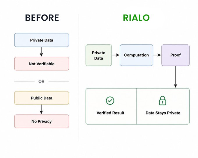 Infographic comparing 'BEFORE' and 'RIALO' data verification methods, showing how Rialo uses private data computation and proof to deliver a verified result while keeping the data private.