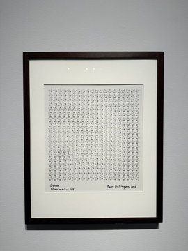 A framed artwork hangs on a white gallery wall, displaying a dense grid of small handwritten or typed marks on white paper with text and a signature in the lower corners.