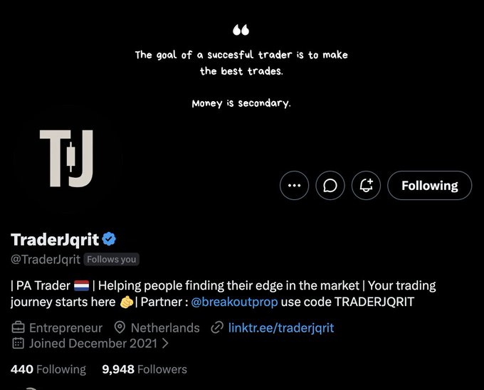 The image shows the Twitter/X profile of @TraderJqrit, an Entrepreneur and PA Trader based in the Netherlands with 9,948 followers and a quote stating "The goal of a successful trader is to make the best trades. Money is secondary." The post aligns with the image by encouraging followers to support TraderJqrit in reaching five-digit follower status.