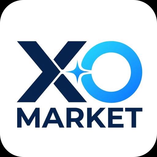 Logo for 'XO MARKET' featuring a stylized dark blue 'X' alongside a bright blue 'O' with a four-point star design in the center.