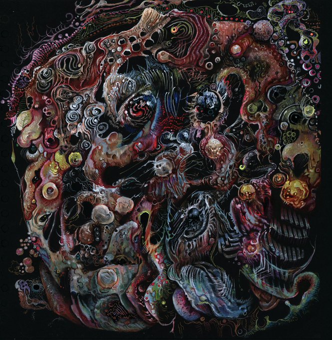 A dark, surreal digital artwork featuring a dense, chaotic mass of swirling organic shapes, eyes, and creature-like forms in dark reds, purples, and greens.