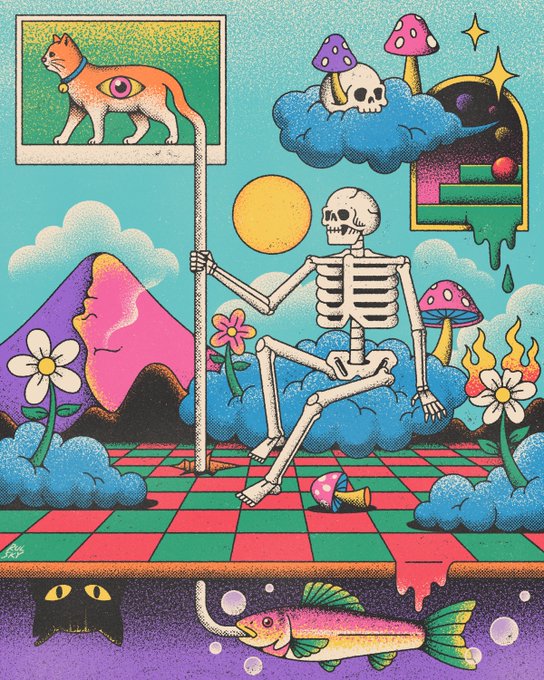 A vibrant psychedelic illustration features a skeleton sitting on a cloud while holding a staff, surrounded by surreal elements including a cat with an eye on its body in a framed picture, mushrooms, a face-shaped mountain, daisies, flames, and a fish swimming below a checkered platform. The image's whimsical, dreamlike aesthetic aligns perfectly with the "daydreamer" title, capturing an imaginative, otherworldly scene that suits its collectible NFT series status.