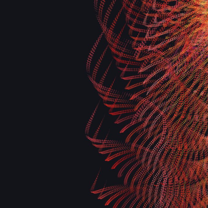 Abstract digital art featuring swirling red and black wavy grid patterns against a dark background.