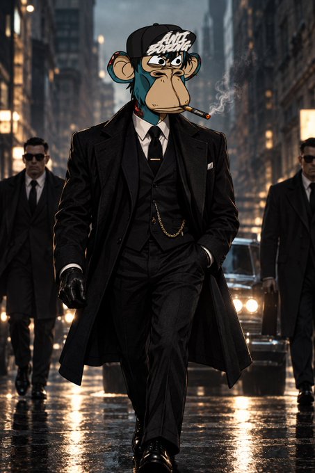 A stylized image of a Bored Ape Yacht Club NFT character wearing a black suit, hat, and smoking a cigar, walking down a city street with men in suits behind him.