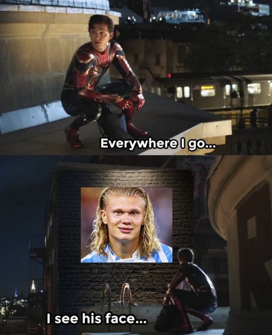 A Spider-Man meme showing Tom Holland's Spider-Man crouching on a rooftop with text 'Everywhere I go...' and 'I see his face...' over an image of footballer Erling Haaland.