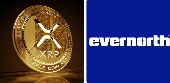 The image displays a gold XRP/Ripple Coin on the left and the blue Evernorth logo on the right, visually representing Ripple's partnership with Evernorth in highlighting the potential $3.1T collateral opportunity for XRP through the XLS-66 amendment.