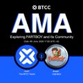 A BTCC AMA promotional graphic featuring the project's logo at the top, with two circular guest photos (labeled "Fart Boy" and "Ansem") set against a blue background. The text reads "Exploring $FARTBOY and its Community" with the date "10th Jan 2025 9PM UTC," visually tying into the post's shoutout about their popular AMA episode featuring the Solana-based Fartboy memecoin community.