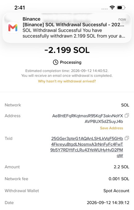 A screenshot of a Binance withdrawal confirmation showing a successful withdrawal of -2.199 SOL to the address Ae8htEFqRKqtmasR95KqF3akvNoYXAvP8UX5dZSuyJ4b, with a transaction ID and network fee of 0.001 SOL. The image relates to the post as proof of sending Solana to a winner, with the address displayed to verify the transaction.