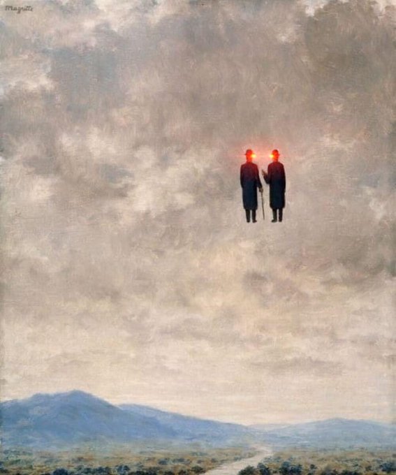 A surreal painting of two faceless figures standing in the sky with glowing red heads, floating above a vast landscape with mountains and a winding river under a cloudy sky.