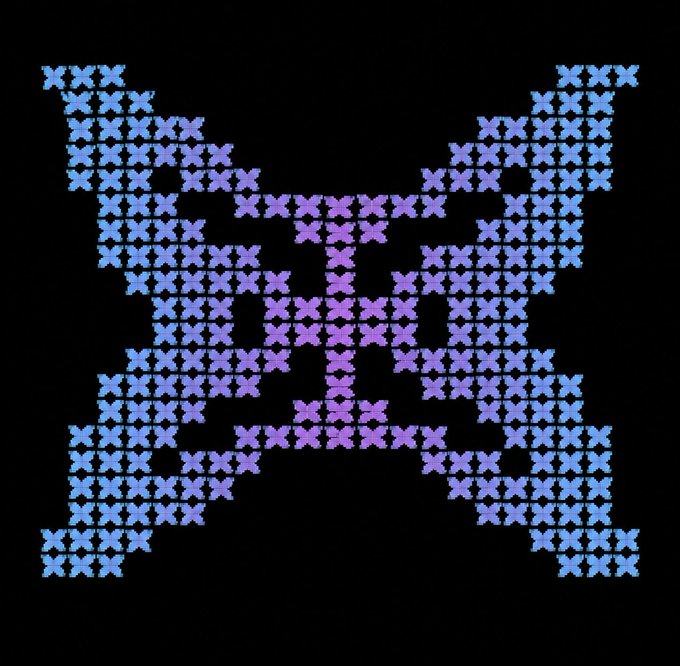 A pixel art design of the letter 'X' or a butterfly-like shape on a black background, composed of blue and purple 'X' characters arranged in a symmetrical pattern.