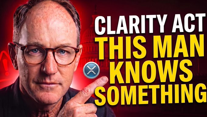 A thumbnail-style image features a man wearing round glasses pointing at the XRP logo, alongside bold text reading "CLARITY ACT - THIS MAN KNOWS SOMETHING," set against a red background with a faint Capitol building silhouette. The visual ties directly to the post's promotion of a YouTube video connecting the Clarity Act and XRP to insights from a key figure.