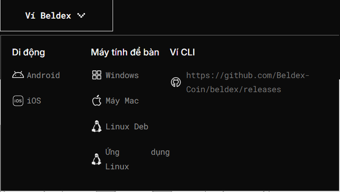A dark-themed webpage for Beldex wallet showing download options for Android, iOS, Windows, Mac, Linux Deb, Linux AppImage, and a CLI GitHub link.