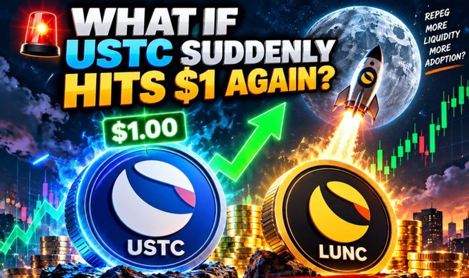 A YouTube thumbnail-style graphic asks 'WHAT IF USTC SUDDLY HITS $1 AGAIN?' featuring USTC and LUNC cryptocurrency coins with text 'REPEG MORE LIQUIDITY MORE ADOPTION?'