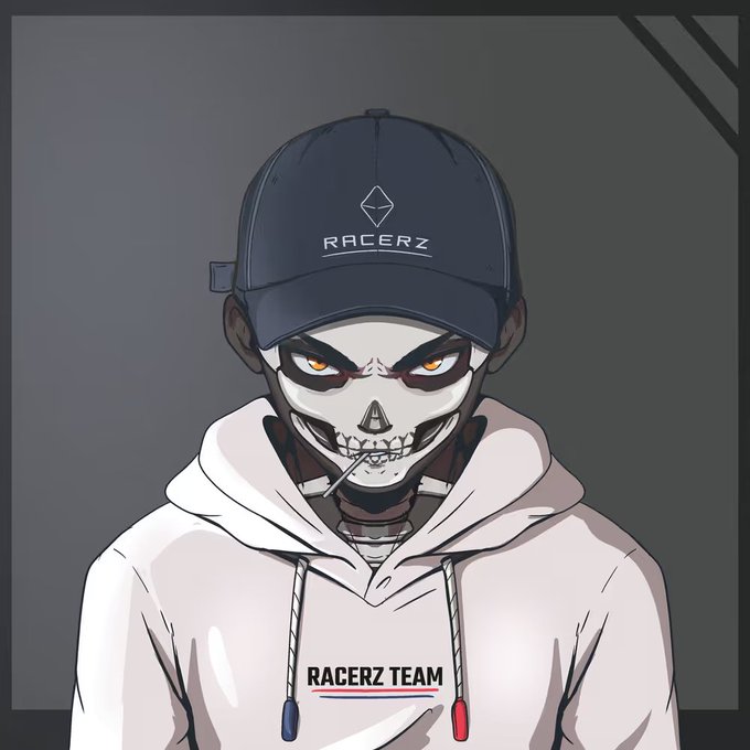 An anime-style illustration of a character wearing a skull mask and smoking a cigarette, dressed in a white 'RACERZ TEAM' hoodie and a dark 'RACERZ' cap.
