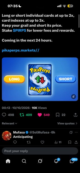 A mobile X post announces 'pikaperps.markets//' coming in the next 24 hours, stating 'Long or short individual cards at up to 2x, card indexes at up to 3x' and 'Stake $PIRPS for lower fees and rewards.', featuring a graphic with LONG and SHORT buttons.