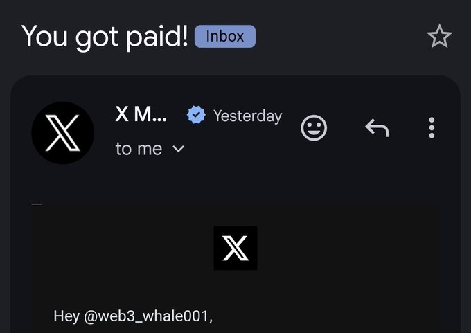 A screenshot of an email inbox showing a message from X (formerly Twitter) titled 'You got paid!' addressed to @web3_whale001, with an 'Inbox' tag.