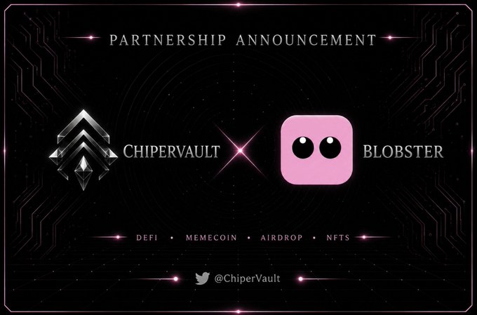 The image features a partnership announcement between two companies, ChiperVault and Bloombster. The text "Partnership Announcement" is displayed at the top of the image, followed by the names of the companies separated by a pipe symbol. Below this, there are descriptions of what each company does in pink and black text. The background of the image is black with white lines and shapes that resemble a futuristic cityscape or space station.