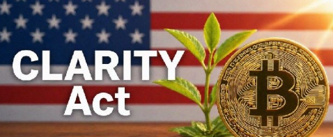 A promotional graphic for the 'CLARITY Act' featuring an American flag background with a green plant and a gold Bitcoin coin.