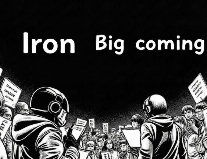 A dramatic black-and-white illustration shows two helmeted figures facing each other with a crowd of sign-holding people between them, beneath the bold text "Iron Big coming." The medieval aesthetic and "Lords" theme visually tie to the announcement of the 101 unique 1/1 hand-crafted pixel art Lords and the $IRON economy being unveiled by the Iron Allie